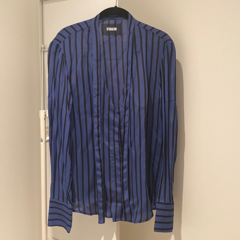 Reformation Striped Blue & Black Necktie Blouse
